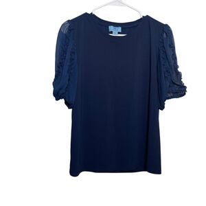 Cece Blouse Women's Large Blue Puff Sleeve Ruffle Short Sleeve Mesh Top